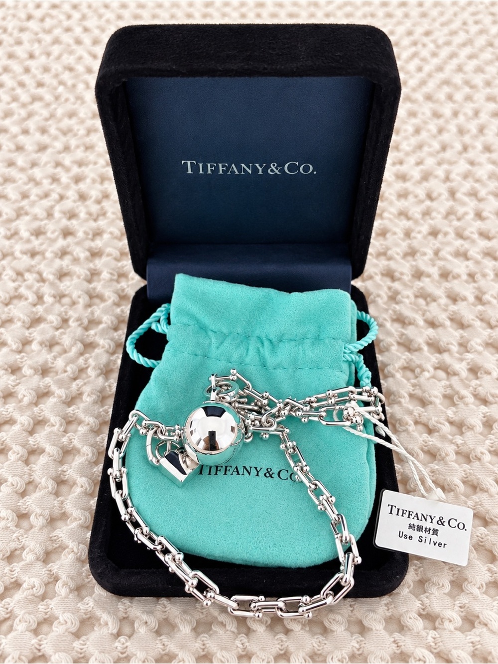 Tiffany & Co. Silver Heart Charm Necklace with Box and Pouch